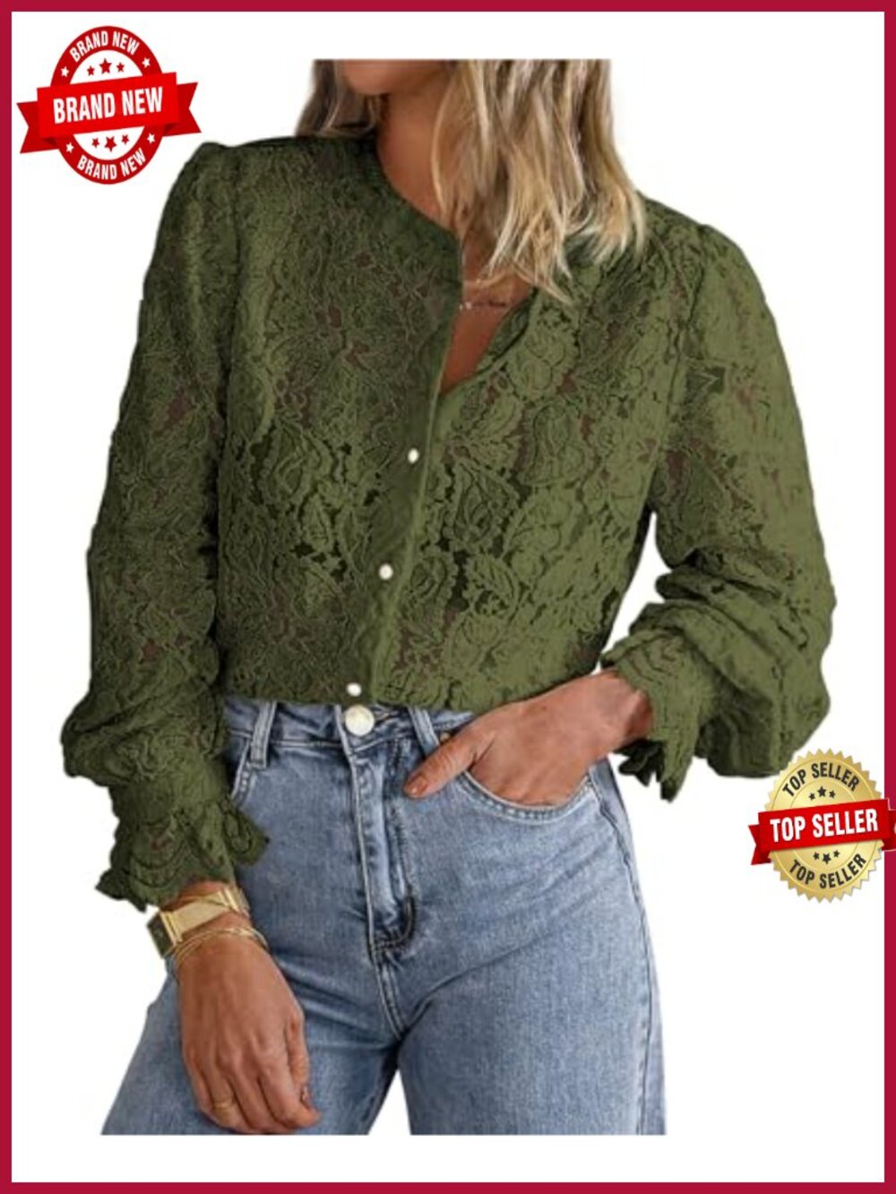 Women's Lace Button Down Long Sleeve Blouse Crew Neck Work Top